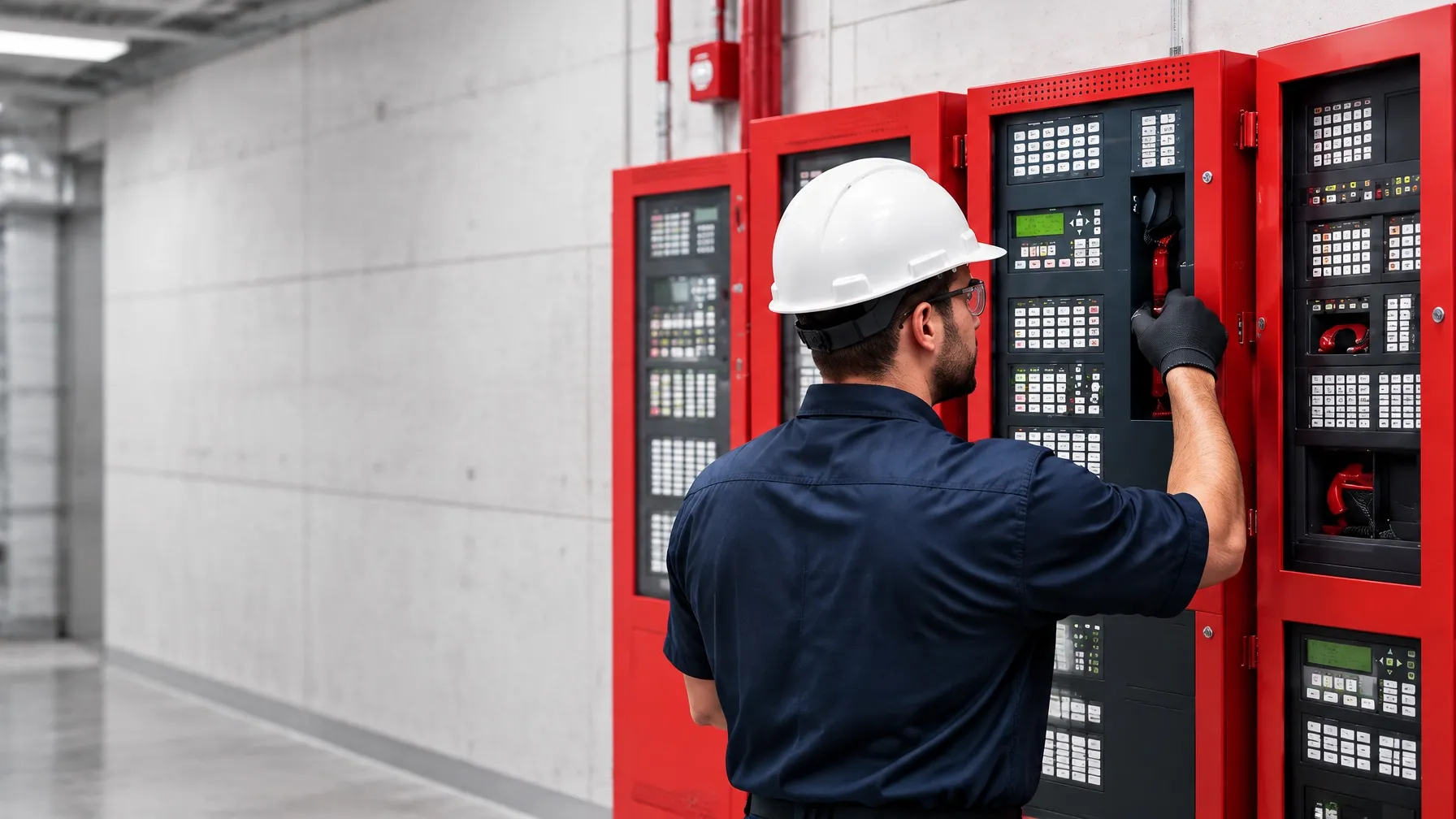 Fire protection technician inspecting a red alarm control panel